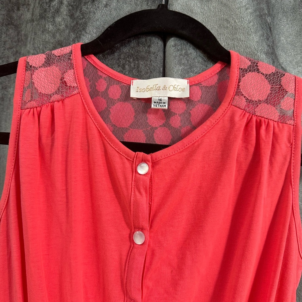 NWT Isobella & Chloe lace  1 piece Girls jumpsuit with lace. Size:16 Color:Coral